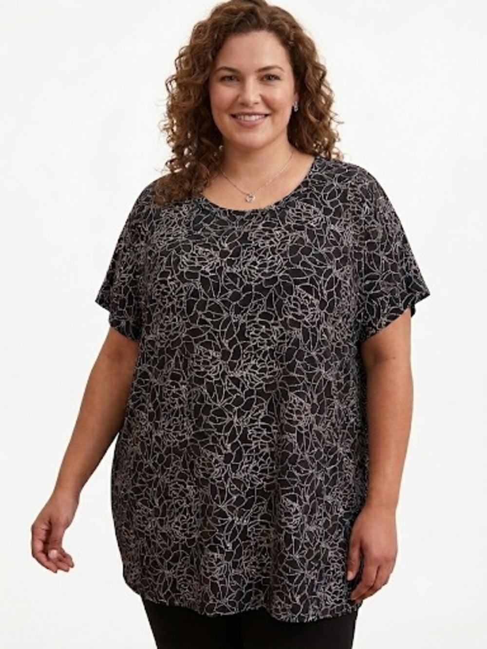LIVI Active Plus Black White Floral Dotted Blouse Short Sleeve Tee Top Sz 26/28